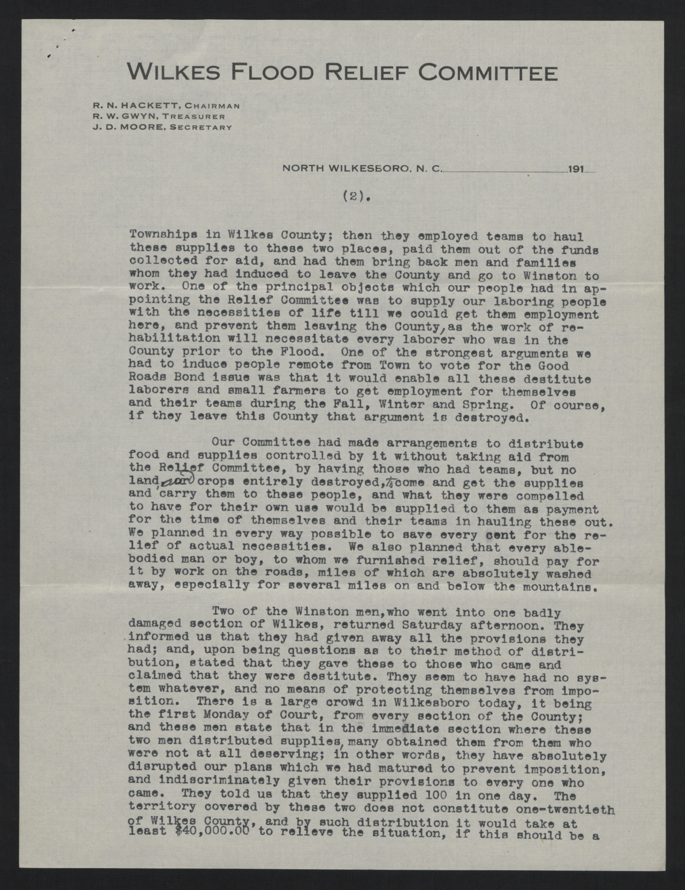 Letter from Wilkes Flood Relief Committee to Craig, August 7, 1916, page 2