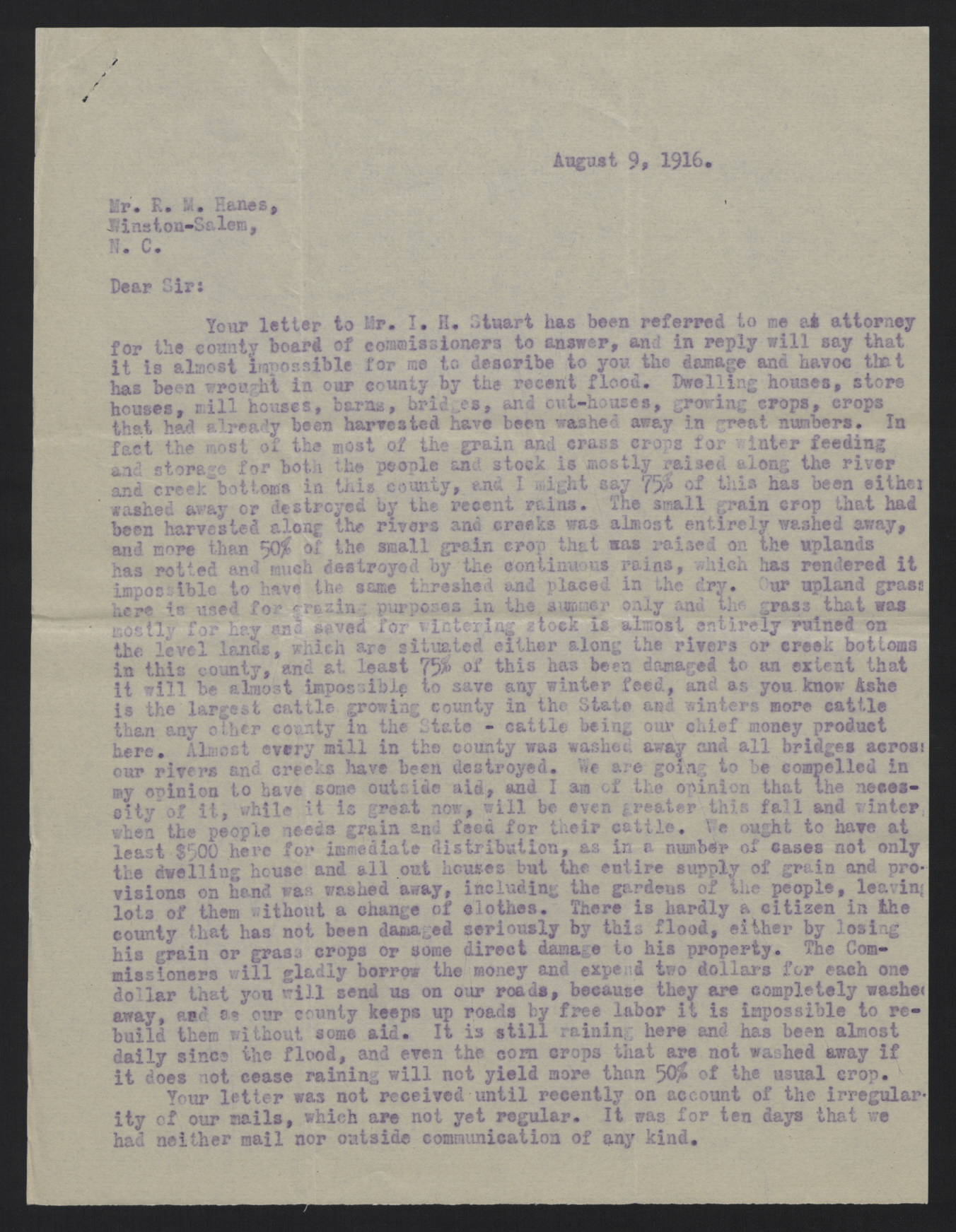 Letter from Bowie to Hanes, August 9, 1916, page 1