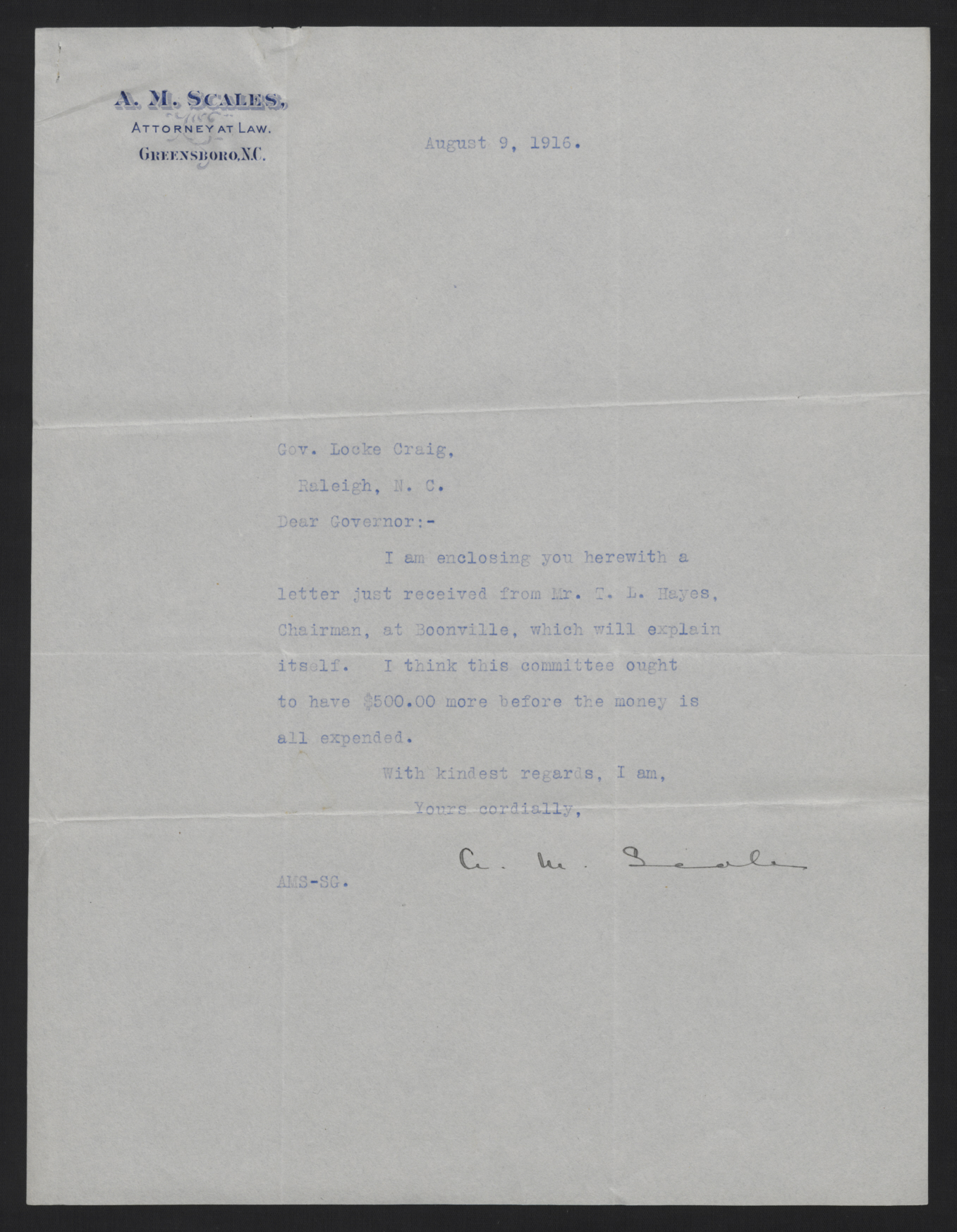 Letter from Scales to Craig, August 9, 1916