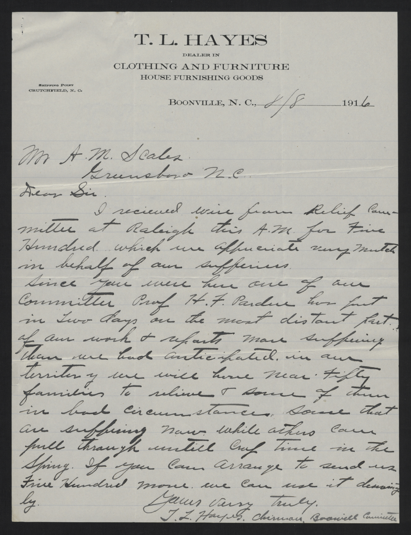 Letter from Hayes to Scales, August 8, 1916