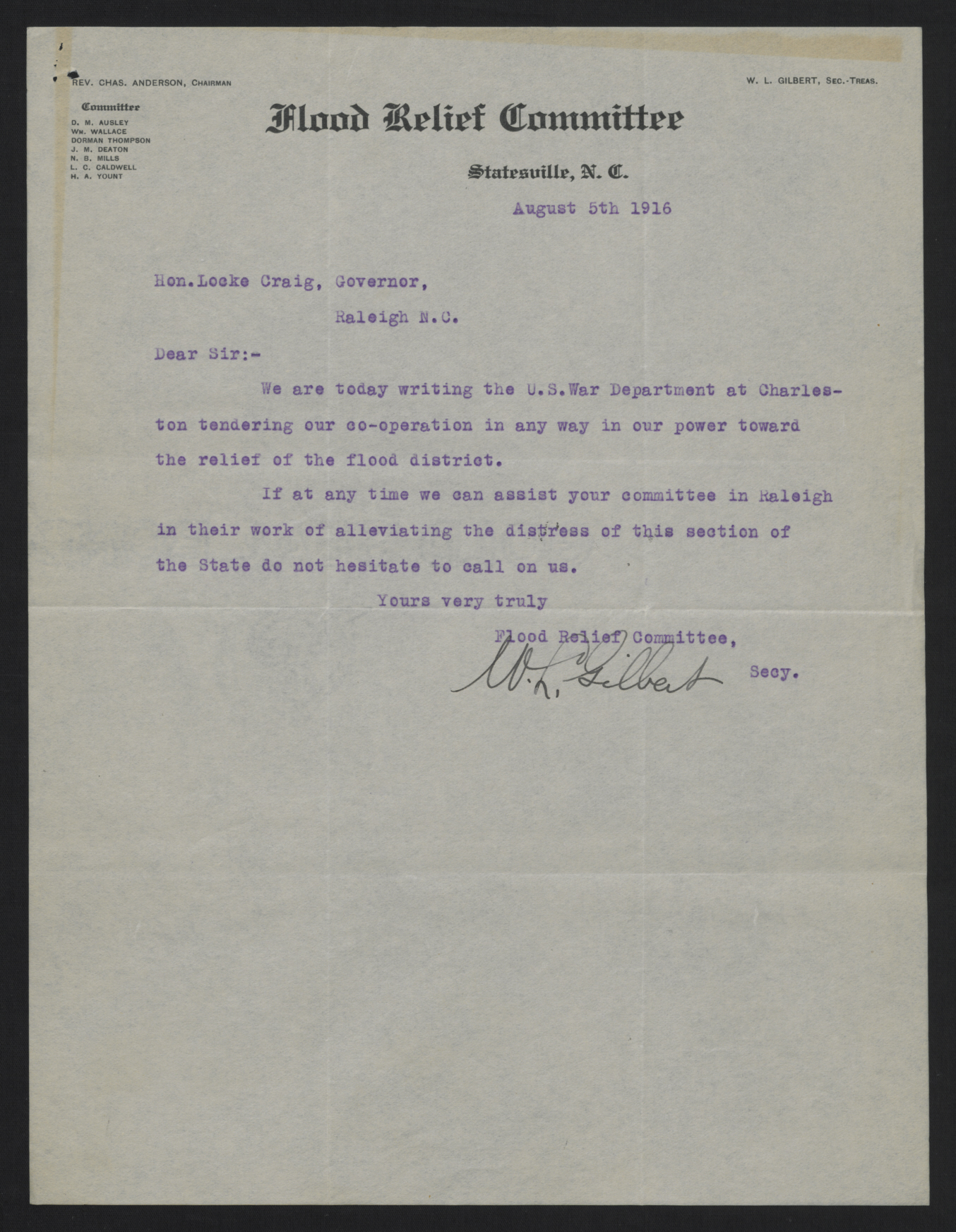 Letter from Gilbert to Craig, August 5, 1916