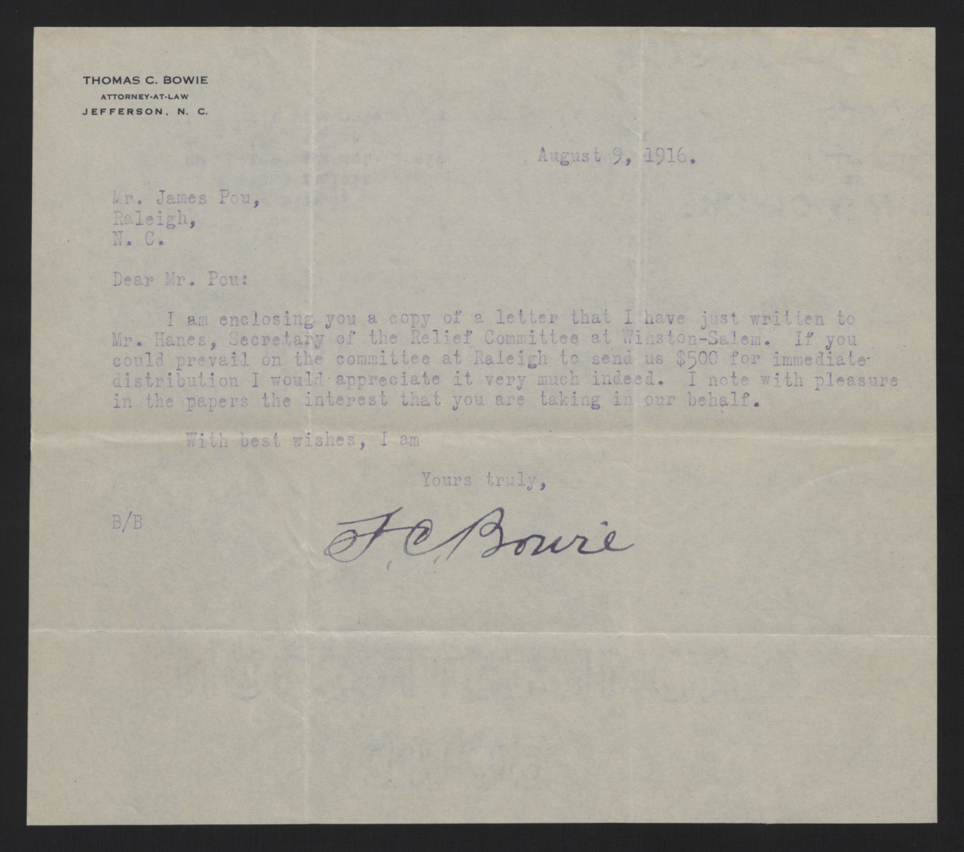 Letter from Bowie to Pou, August 9, 1916