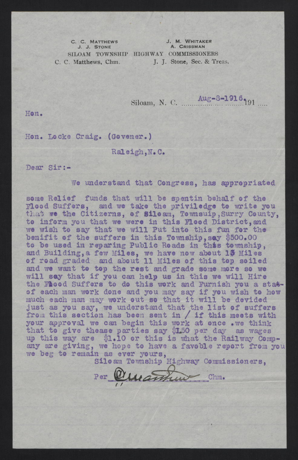 Letter from Matthews to Craig, August 8, 1916