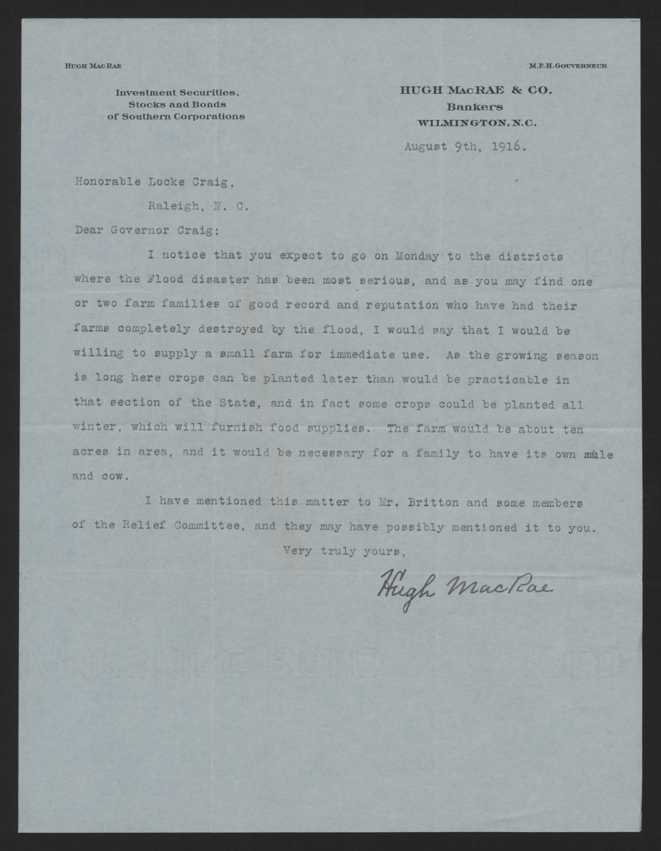 Letter from MacRae to Craig, August 9, 1916
