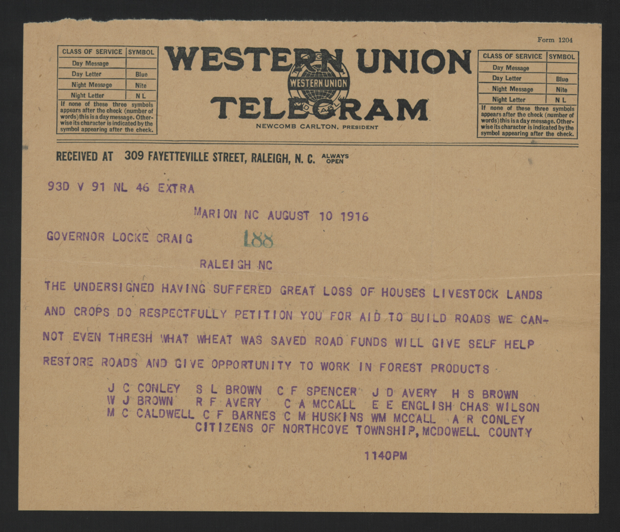 Telegram from the Citizens of North Cove Township to Locke Craig, August 10, 1916