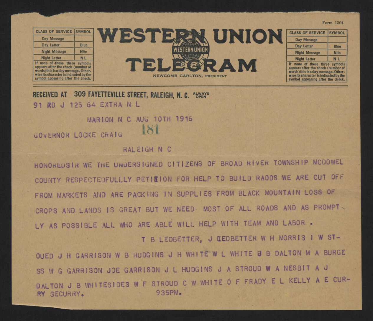 Telegram from the Citizens of Broad River Township to Locke Craig, August 10, 1916