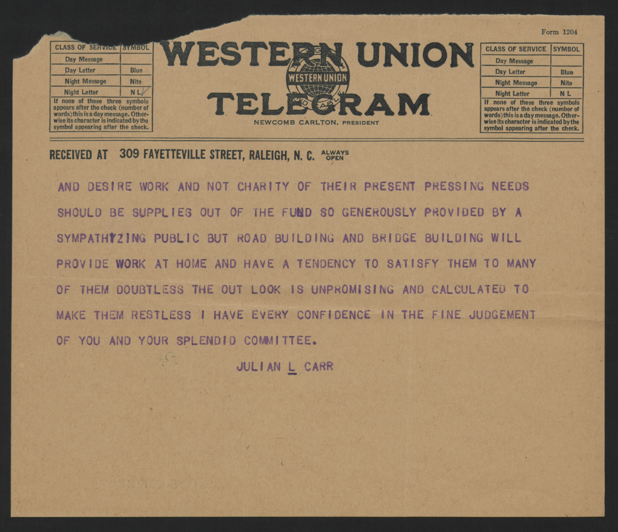 Telegram from Carr to Craig, August 10, 1916, page 2