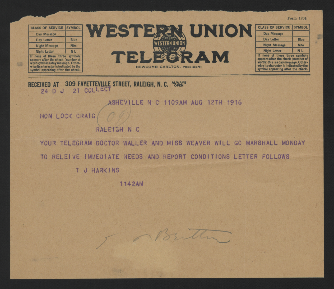 Telegram from Harkins to Craig, August 12, 1916
