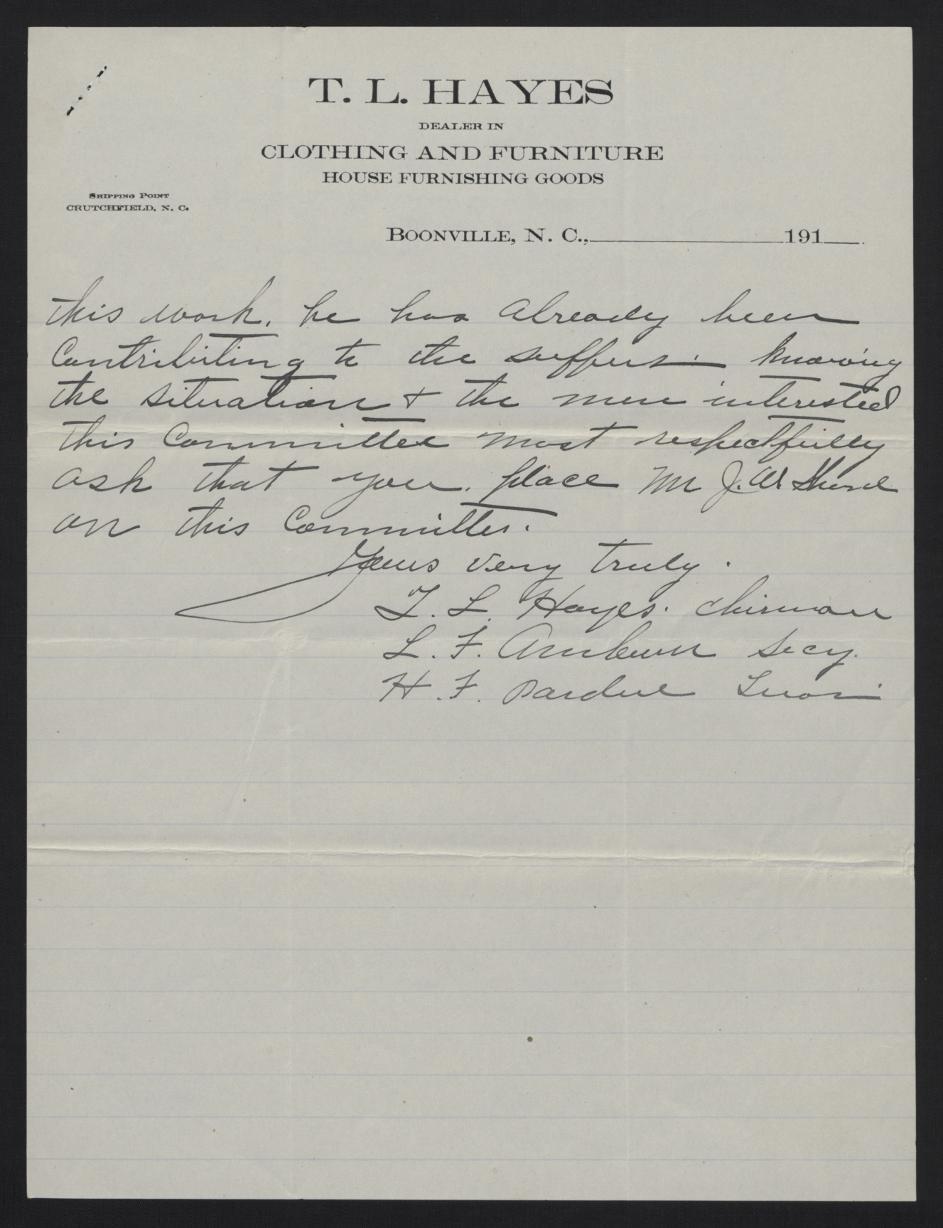 Letter from the Boonville Flood Relief Committee to Locke Craig, August 14, 1916, page 2