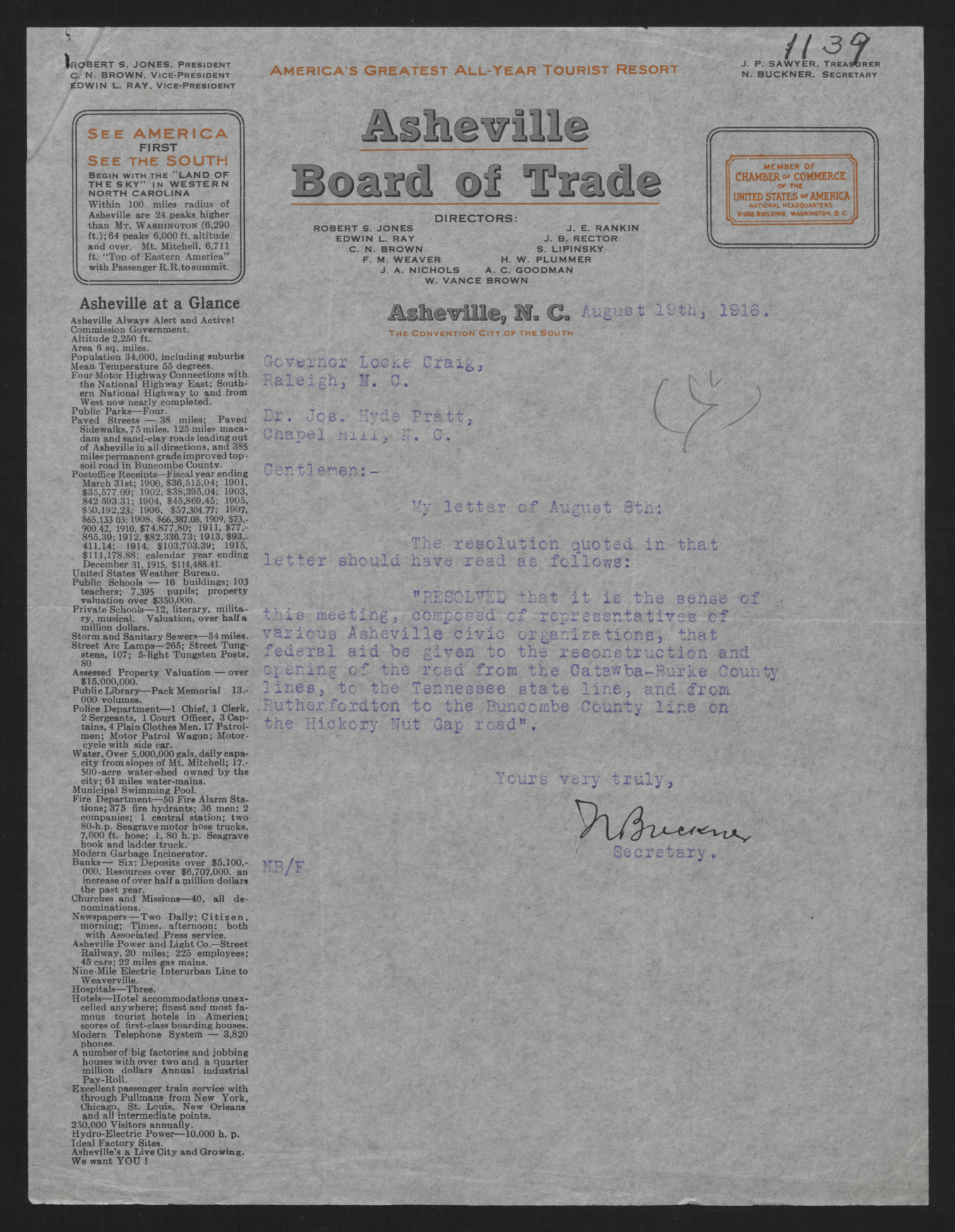 Letter from Buckner to Craig and Pratt, August 19, 1916