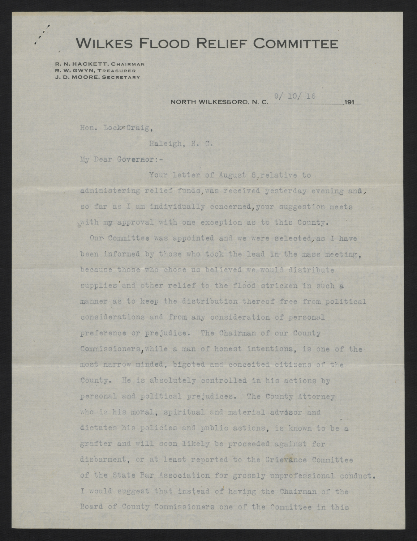 Letter from Hackett to Craig, September 10, 1916, page 1