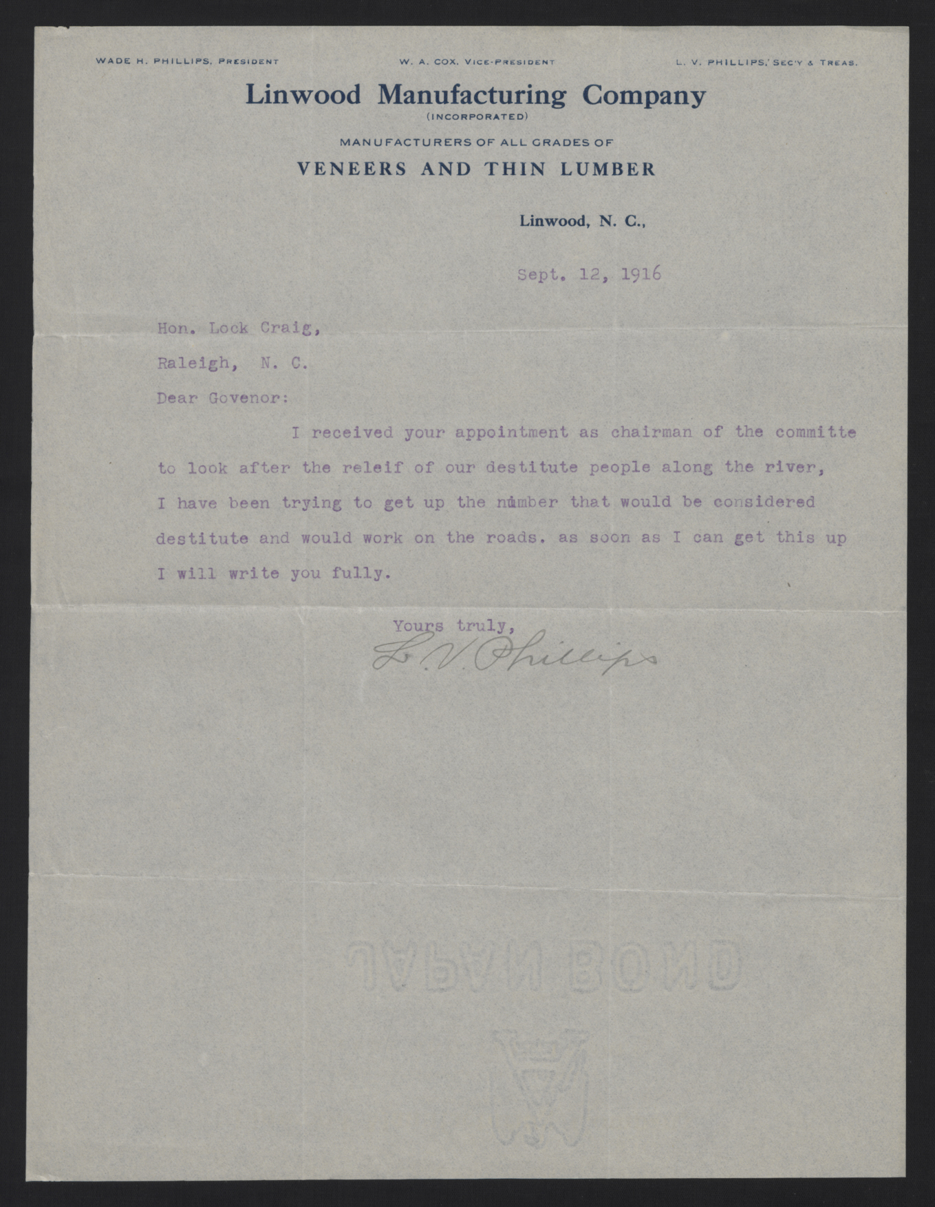 Letter from Phillips to Craig, September 12, 1916