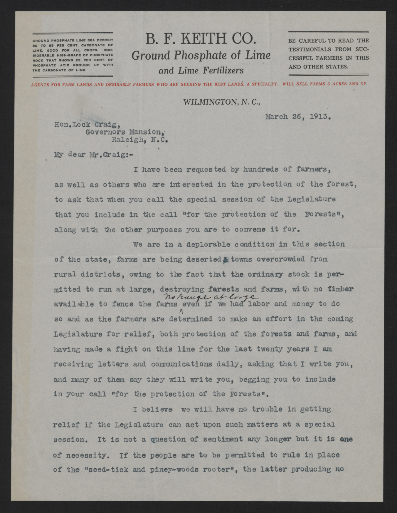 Letter from Keith to Craig, March 26, 1913, page 1
