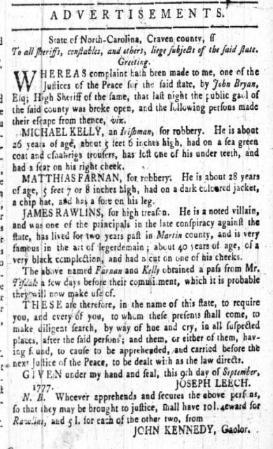 Wanted Advertisement for James Rawlings, 12 September 1777