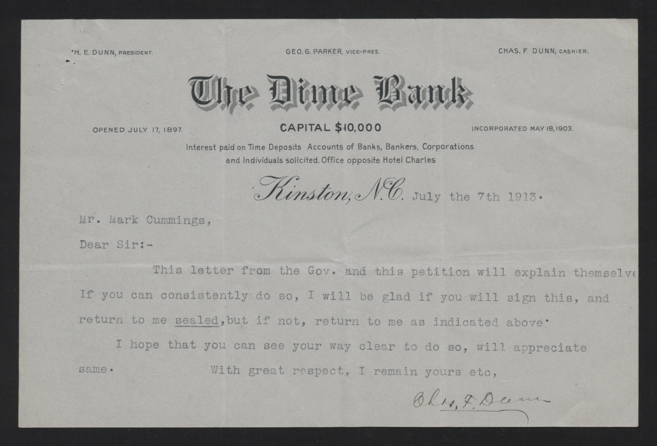 Letter from Dunn to Cummings, July 7, 1913