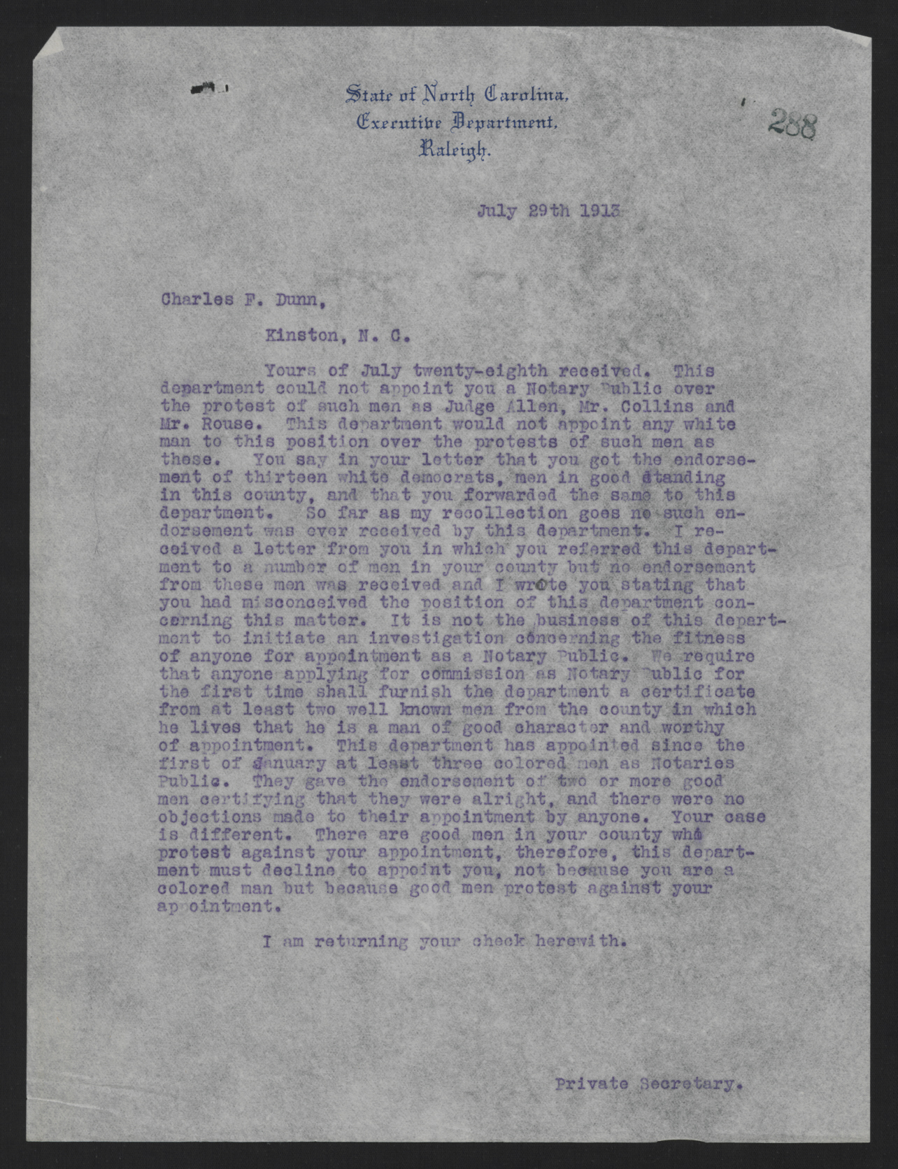 Letter from Kerr to Dunn, July 29, 1913