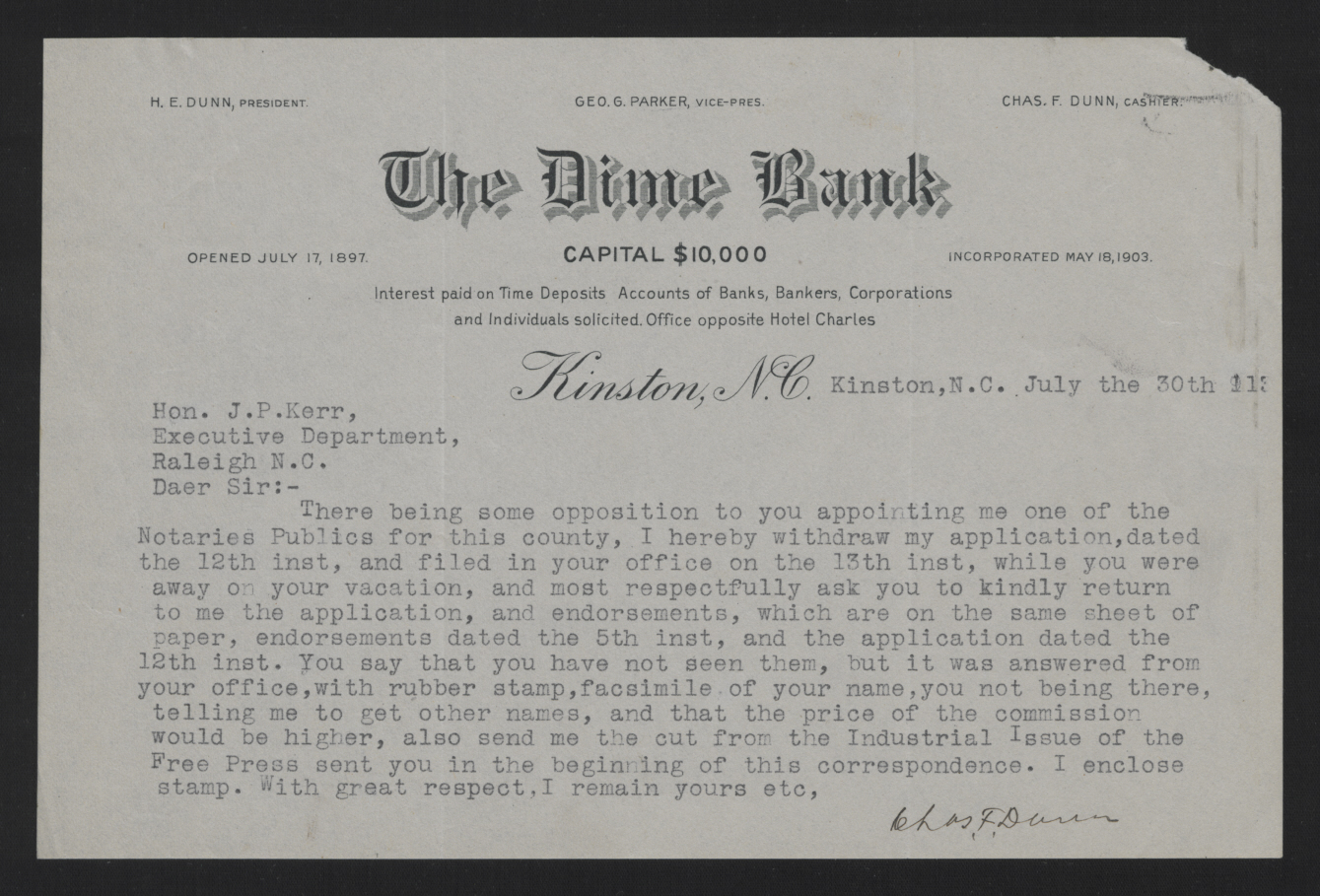 Letter from Dunn to Kerr, July 30, 1913