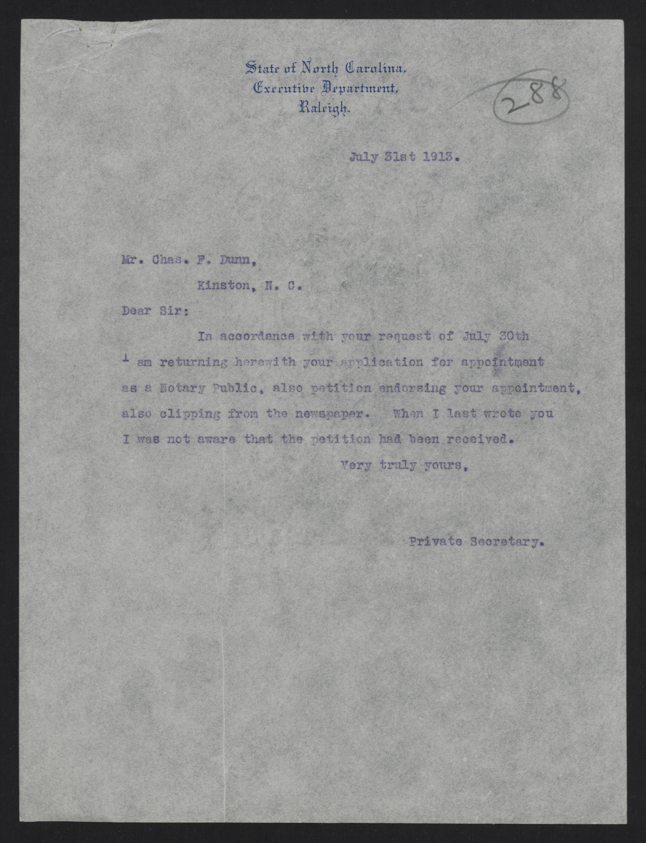 Letter from Kerr to Dunn, July 31, 1913