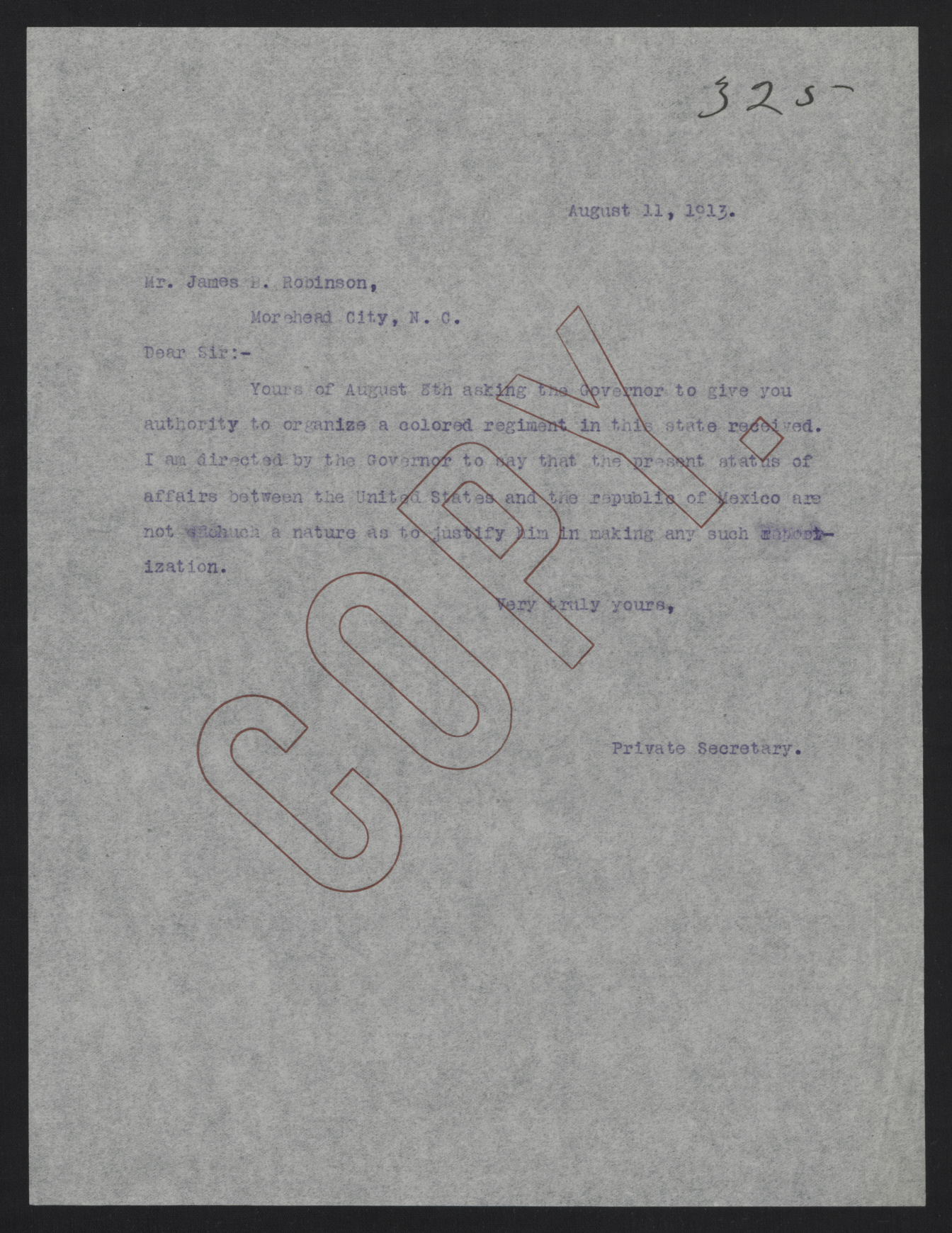 Letter from Kerr to Robinson, August 11, 1913