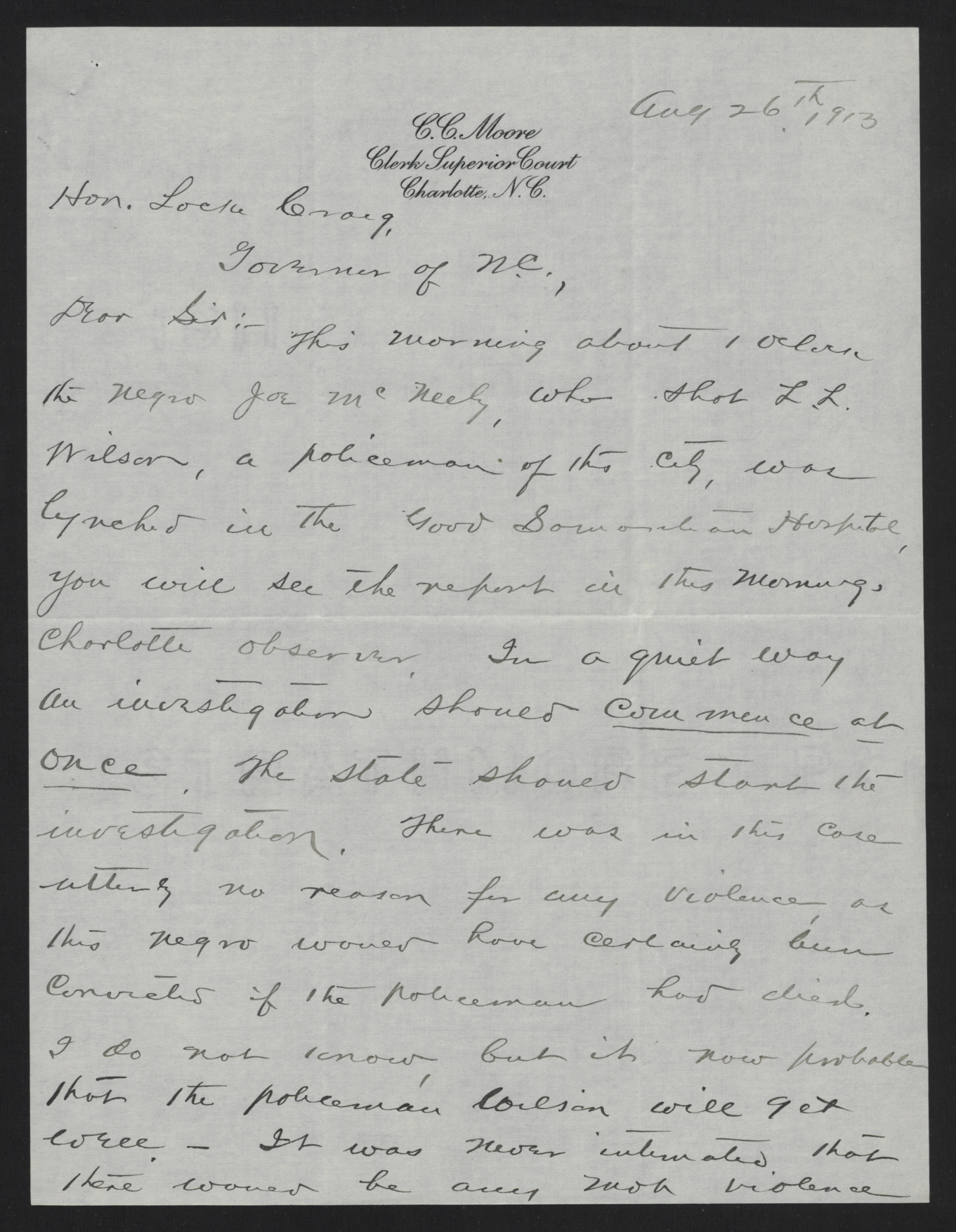 Letter from Wood to Craig, August 26, 1913, page 1