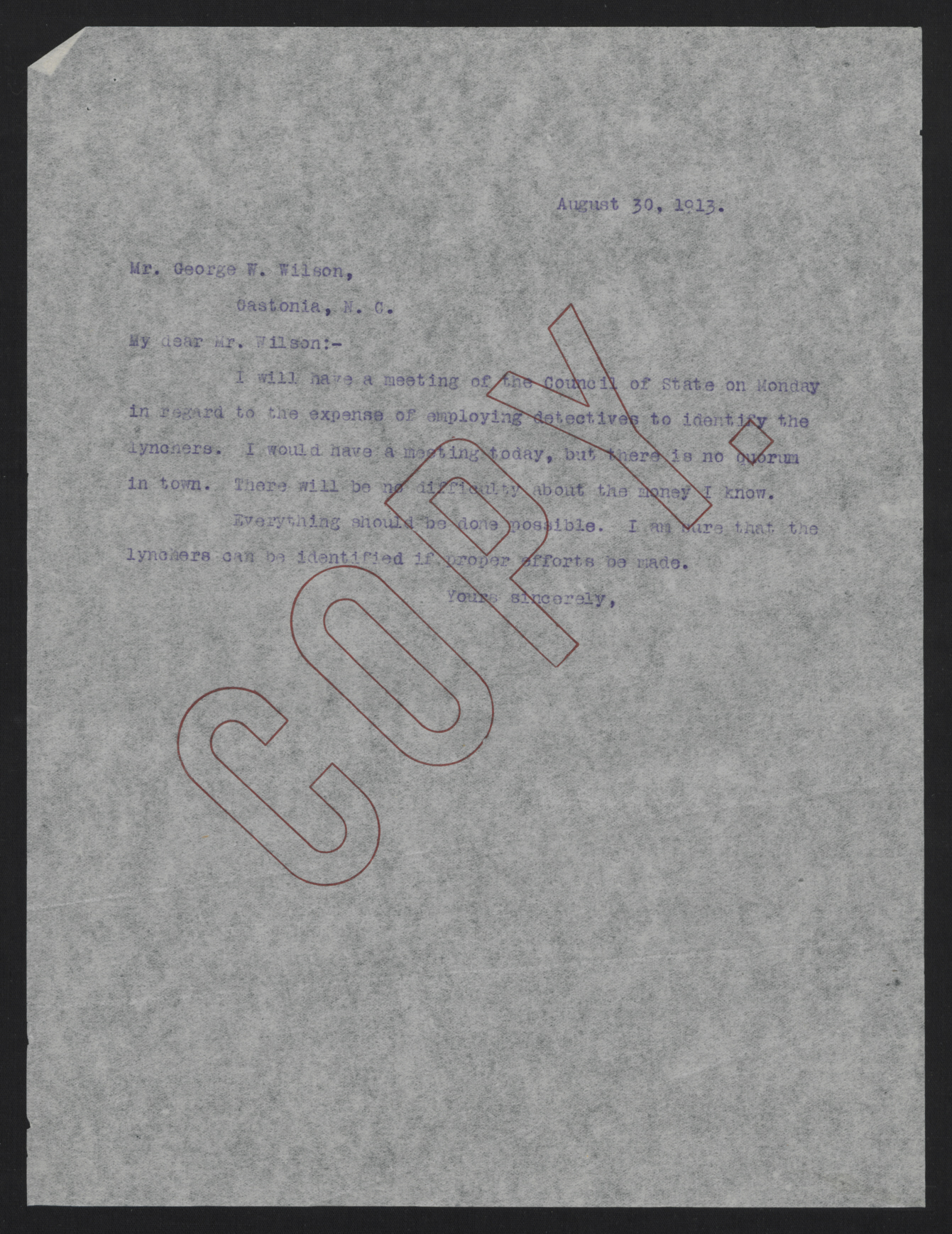 Letter from Craig to Wilson, August 30, 1913