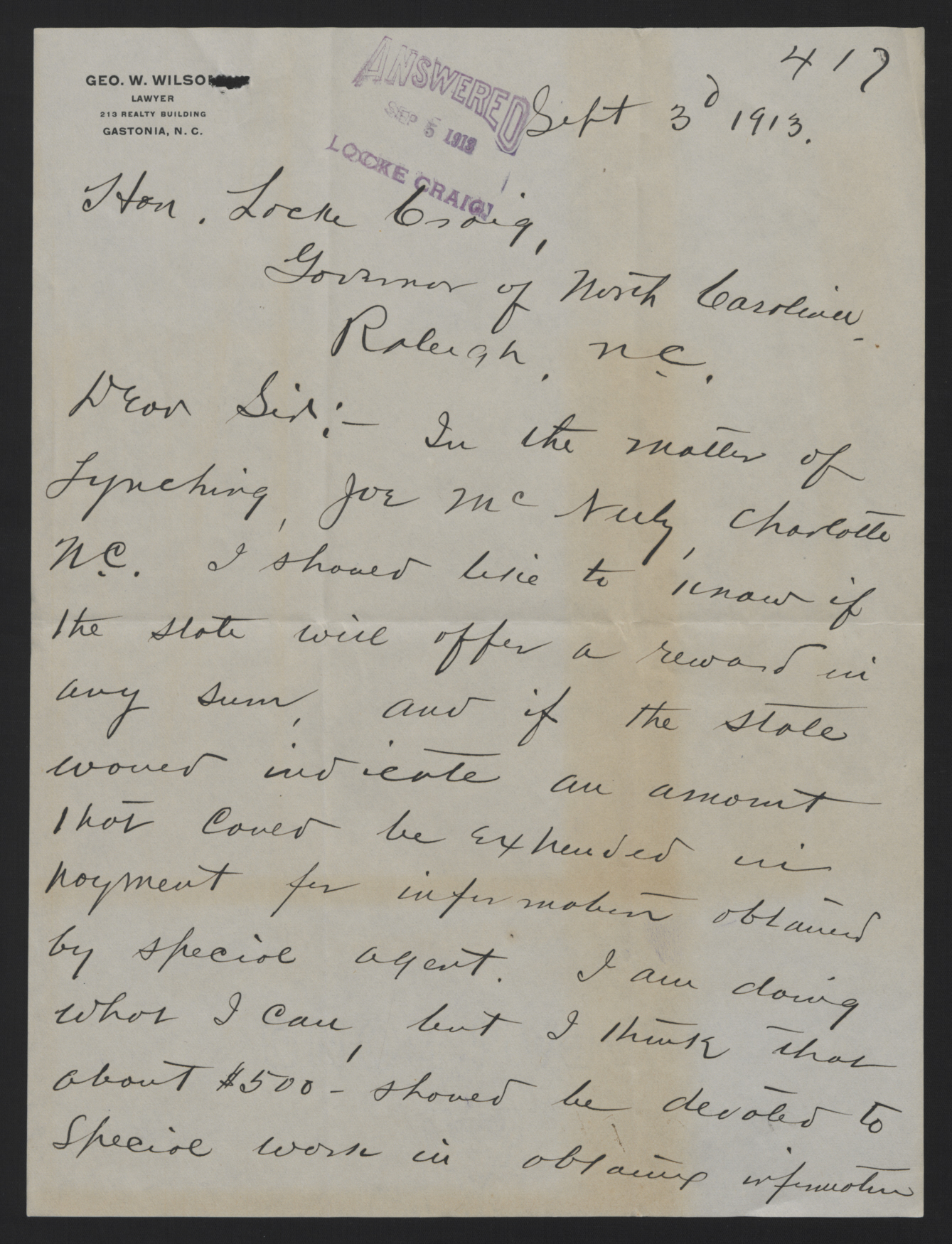 Letter from Wilson to Craig, September 3, 1913, page 1