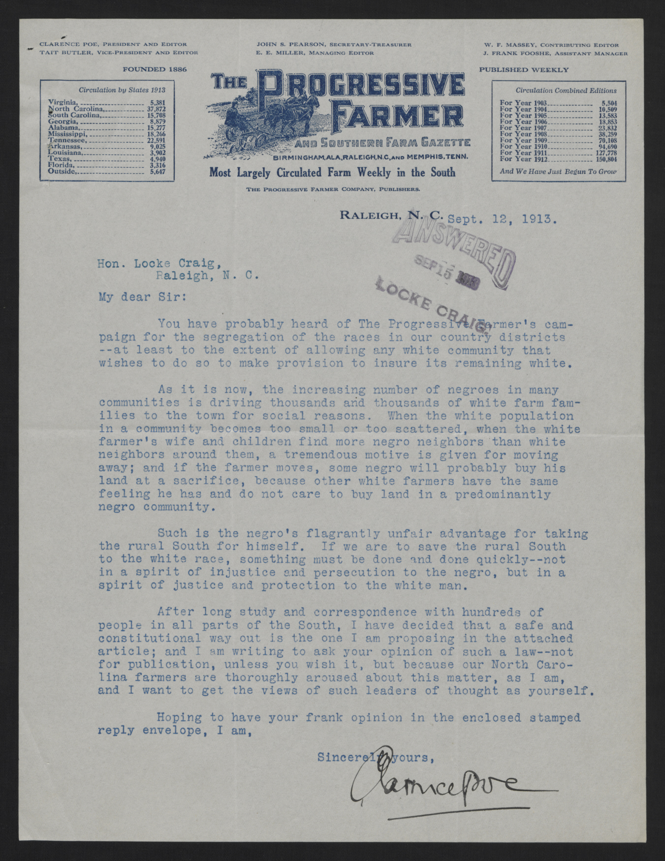 Letter from Poe to Craig, September 12, 1913