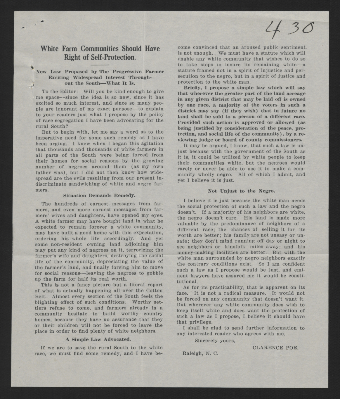 "White Farm Communities Should Have Right of Self-Protection," by Clarence Poe, circa September 1913