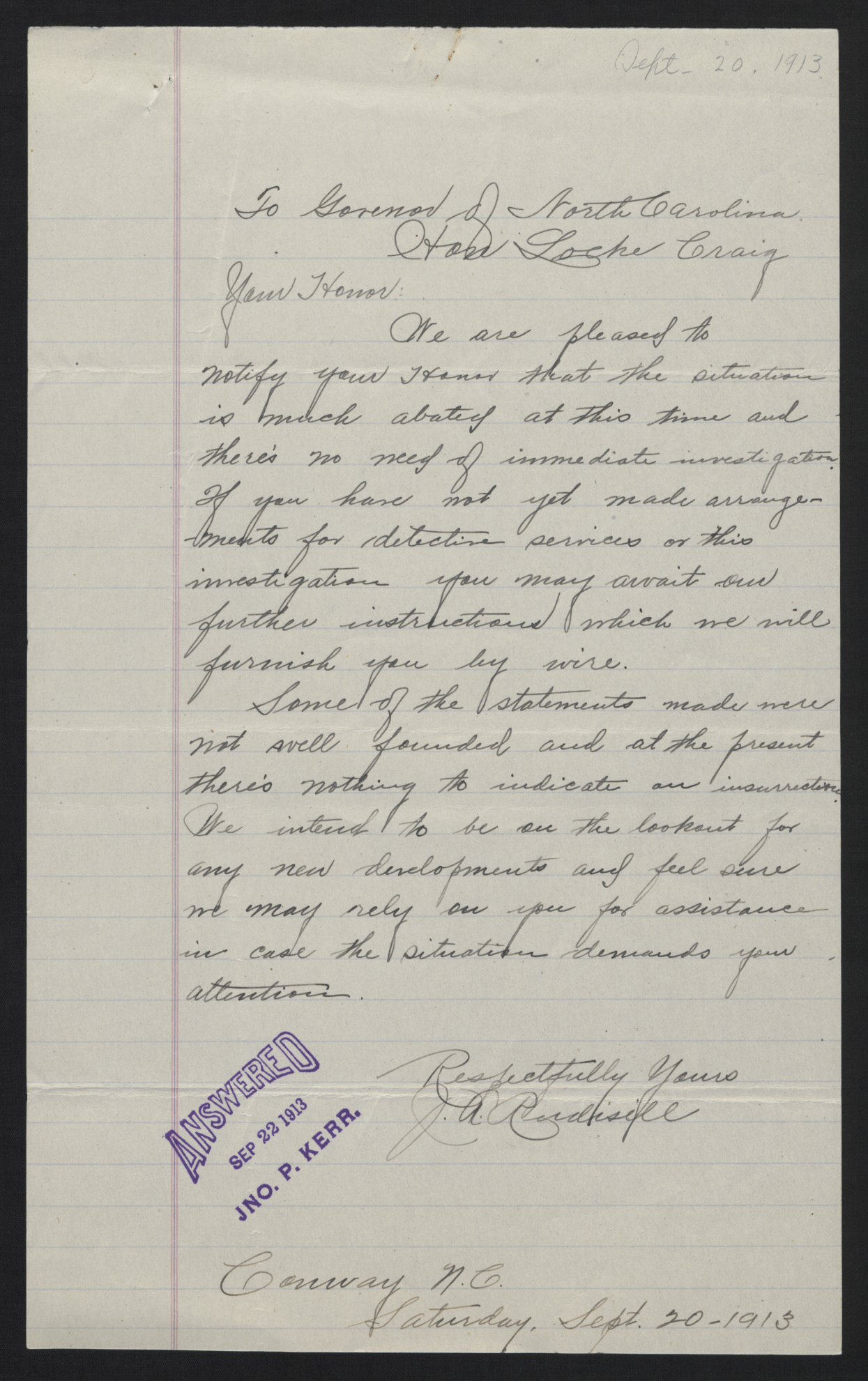 Letter from Rudisill to Craig, September 20, 1913