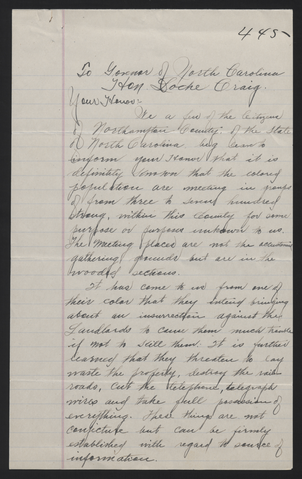 Letter from Jacob A. Rudisill, William T. Bridgers, and Charles J. Garriss to Locke Craig, circa September 1913, page 1