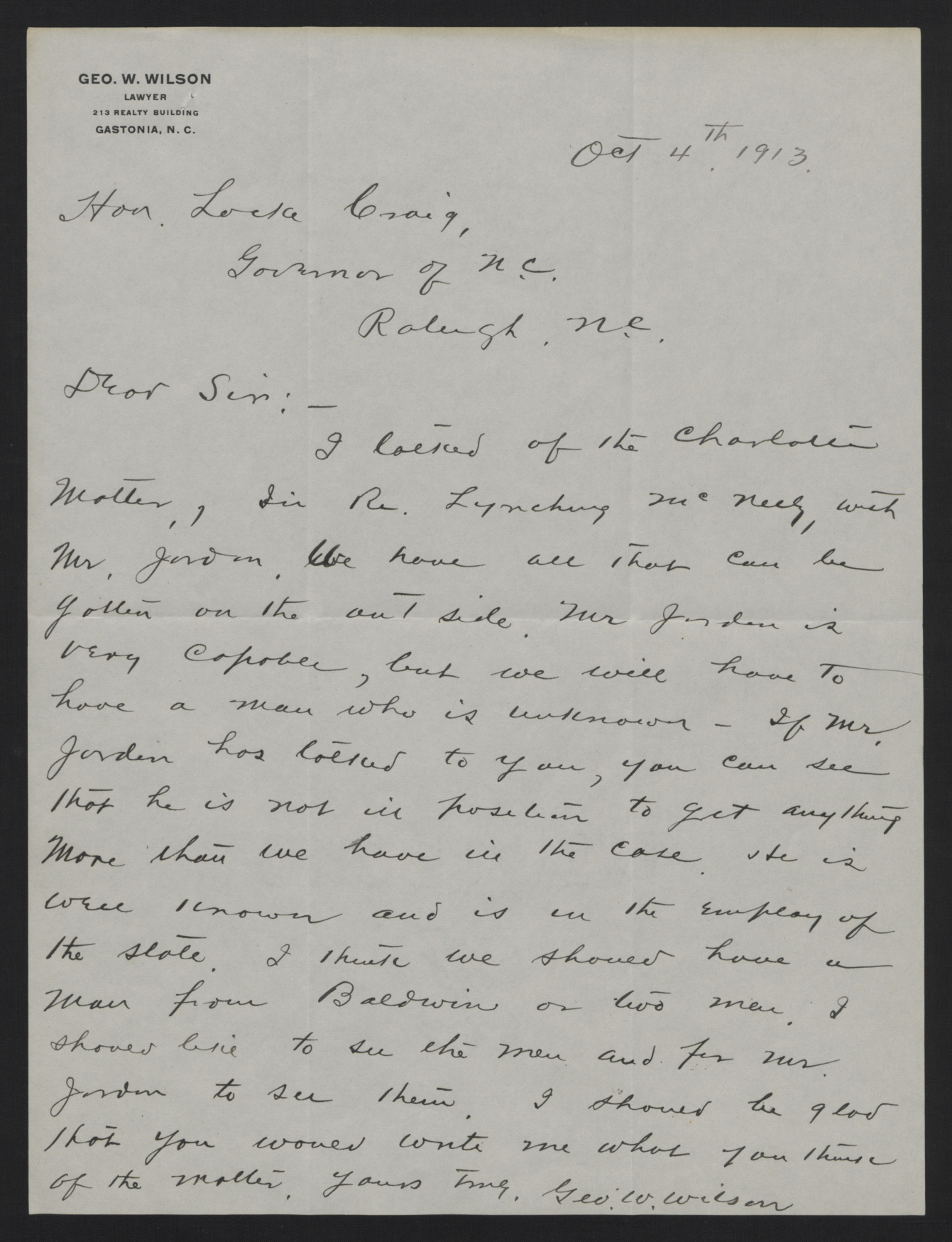 Letter from Wilson to Craig, October 4, 1913