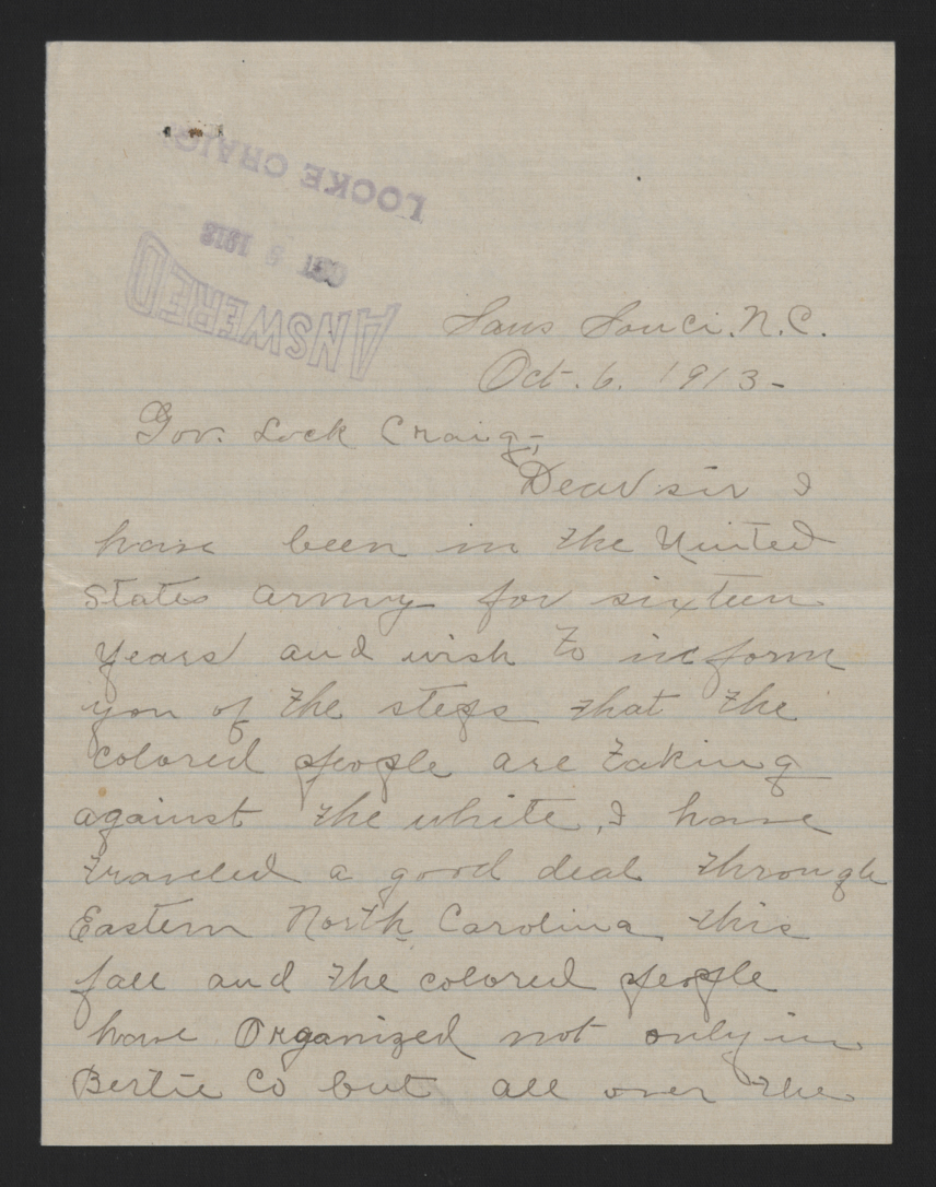 Letter from Sitterson to Craig, October 6, 1913, page 1
