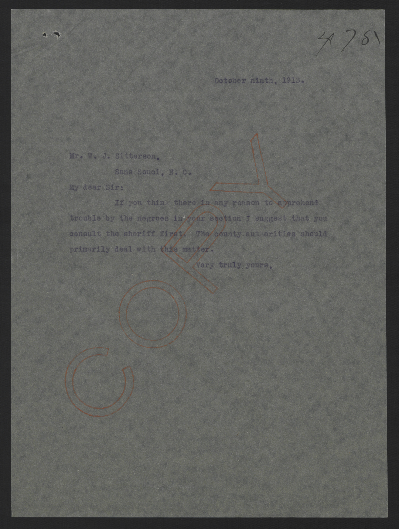 Letter from Craig to Sitterson, October 9, 1913