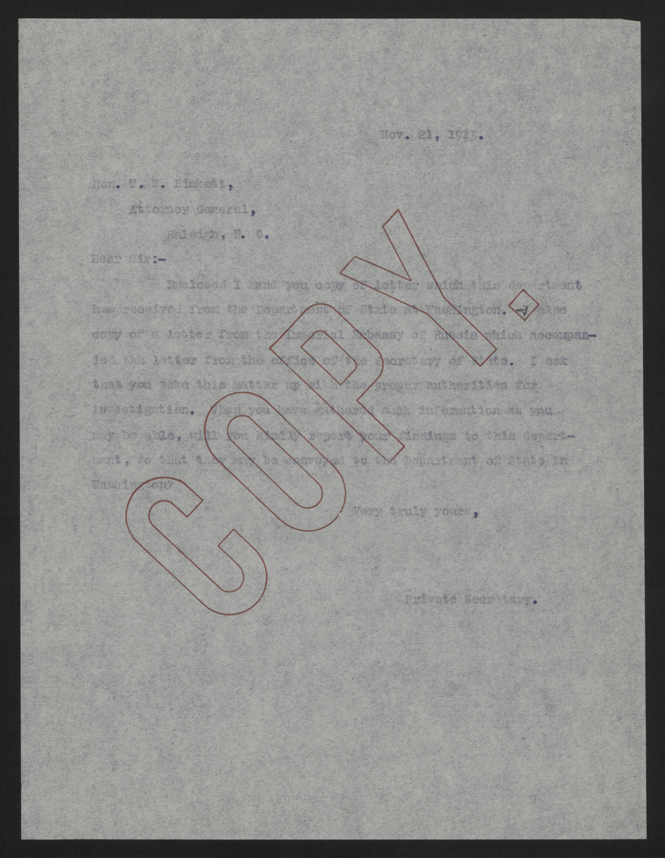 Letter from Kerr to Bickett, November 21, 1913