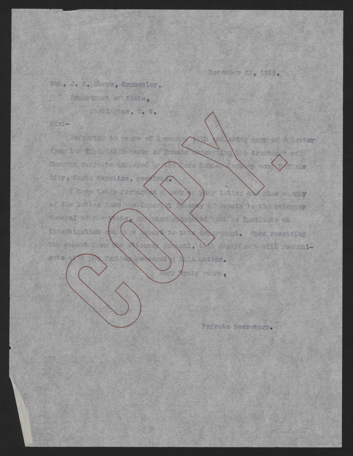 Letter from Kerr to Moore, November 21, 1913