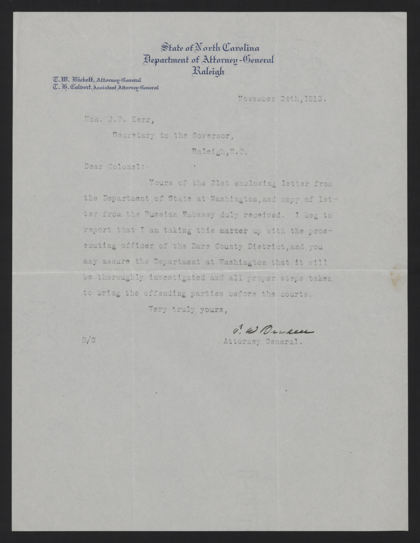Letter from Bickett to Kerr, November 24, 1913