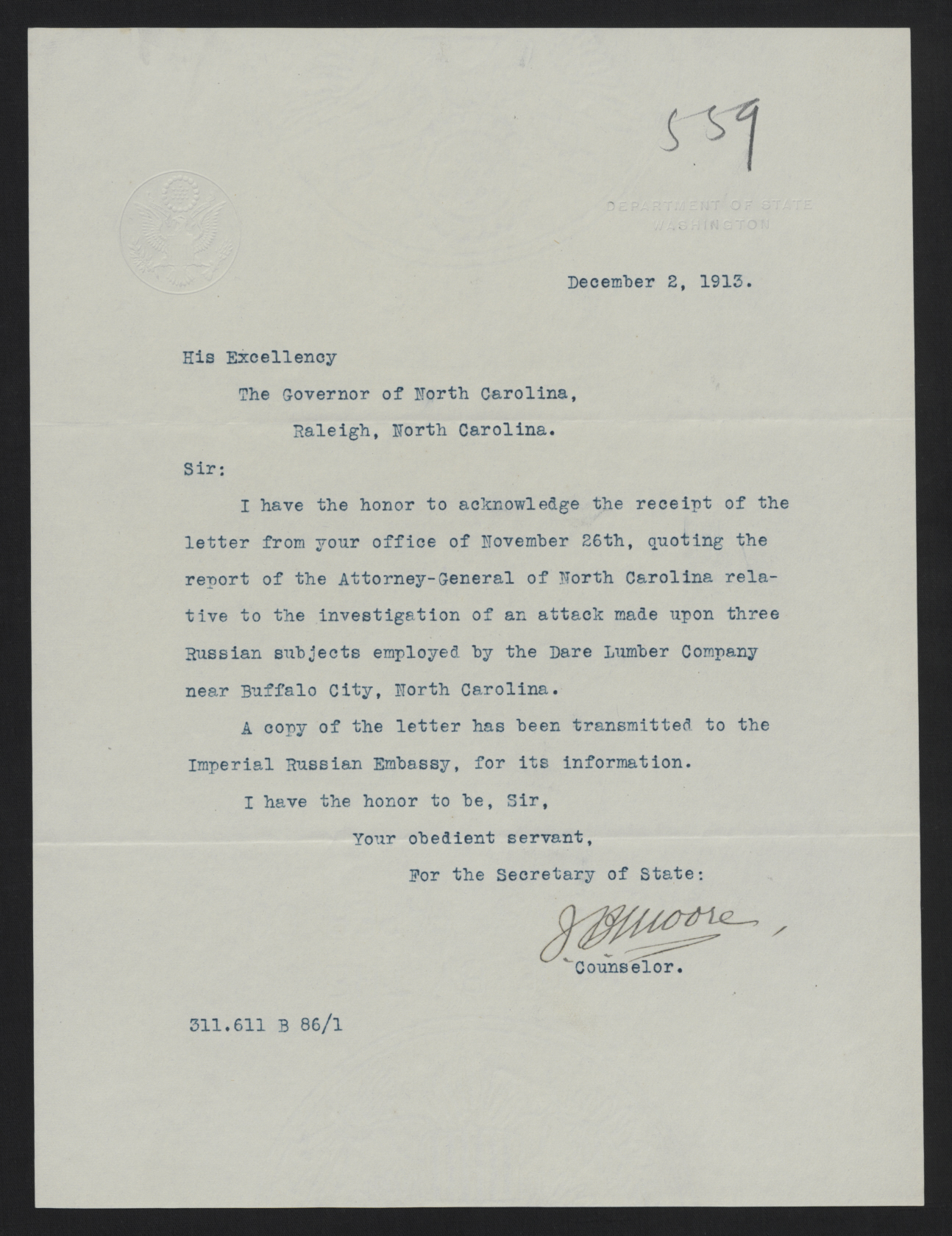 Letter from Moore to Craig, December 2, 1913