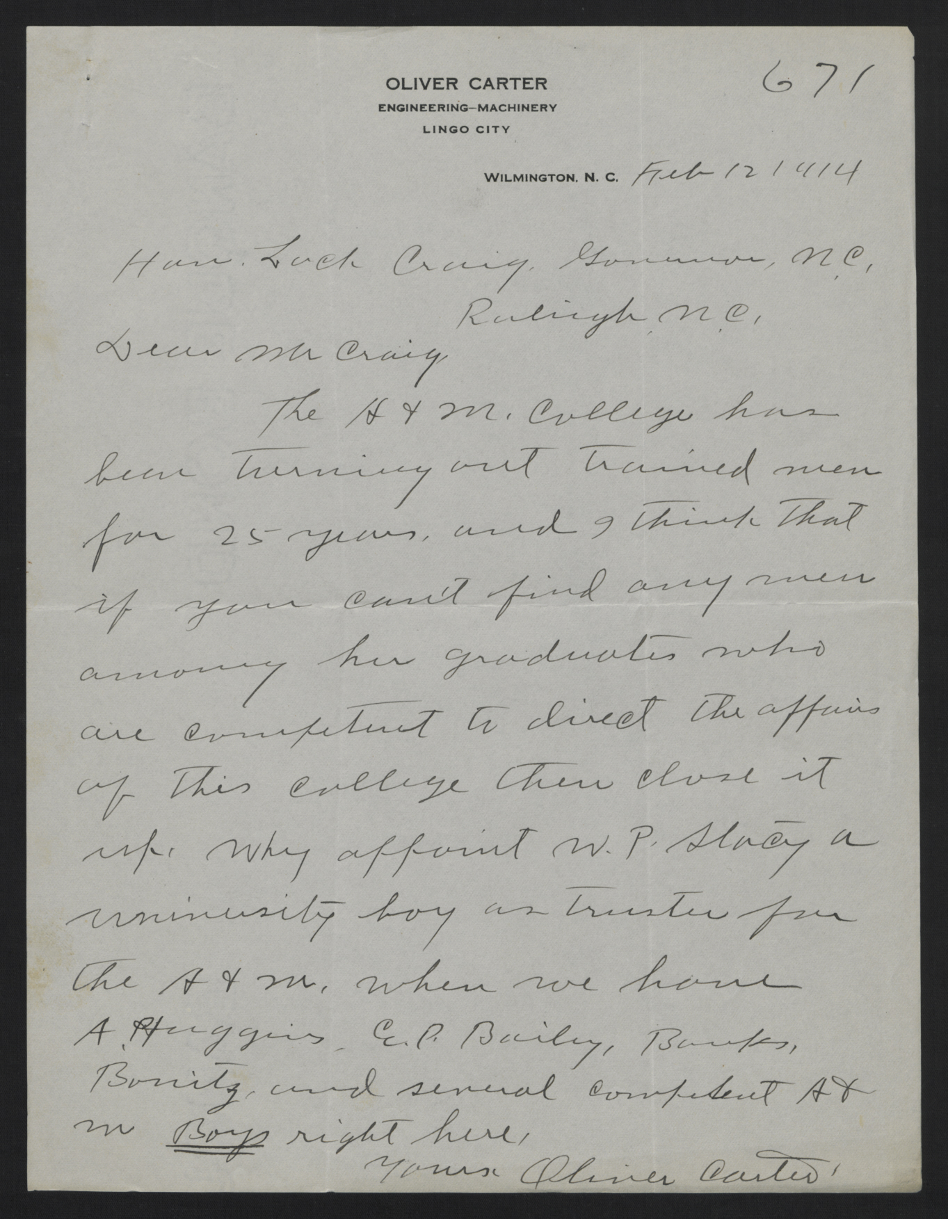 Letter from Carter to Craig, February 12, 1914