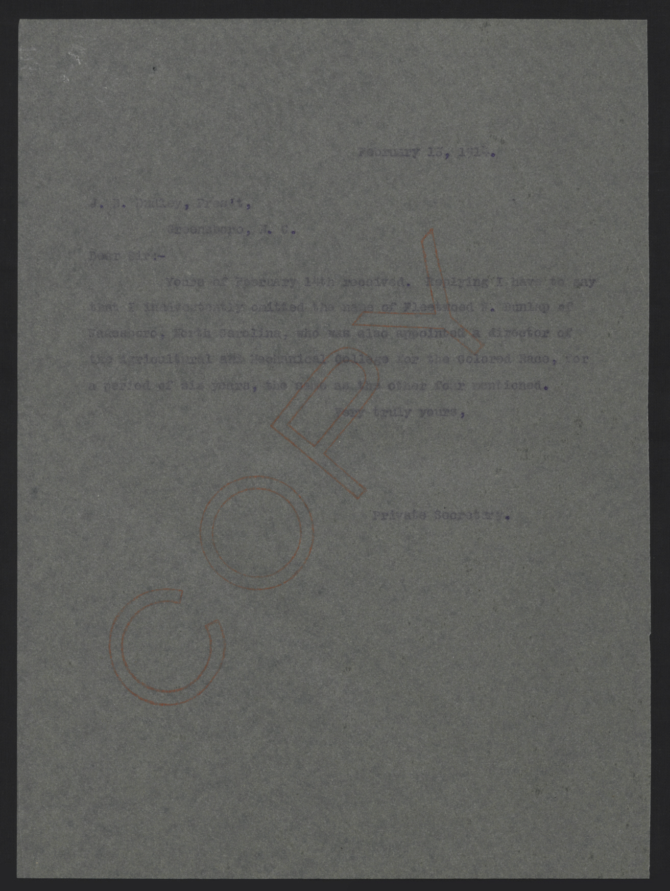 Letter from Kerr to Dudley, February 13, 1914