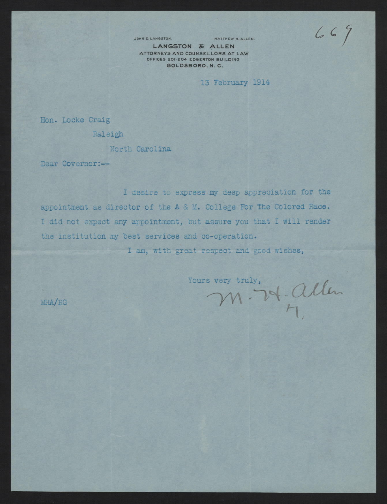 Letter from Allen to Craig, February 13, 1914
