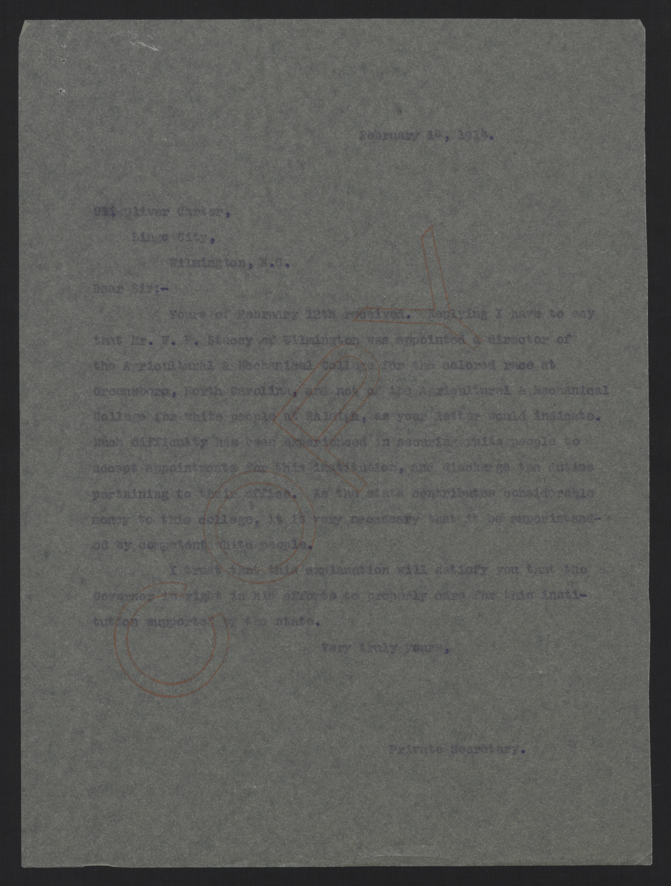 Letter from Kerr to Carter, February 14, 1914