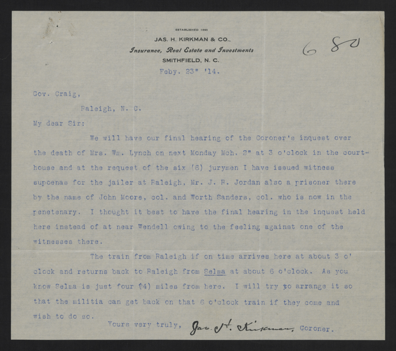 Letter from Kirkman to Craig, February 23, 1914