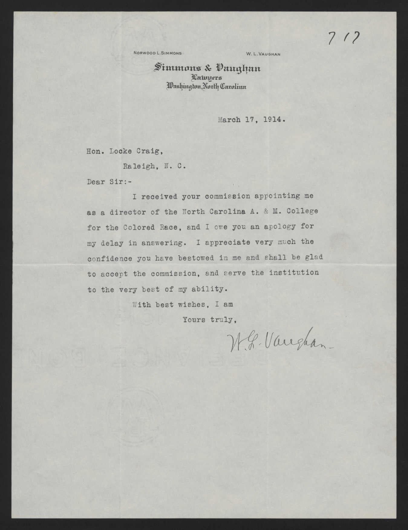 Letter from Vaughan to Craig, March 17, 1914