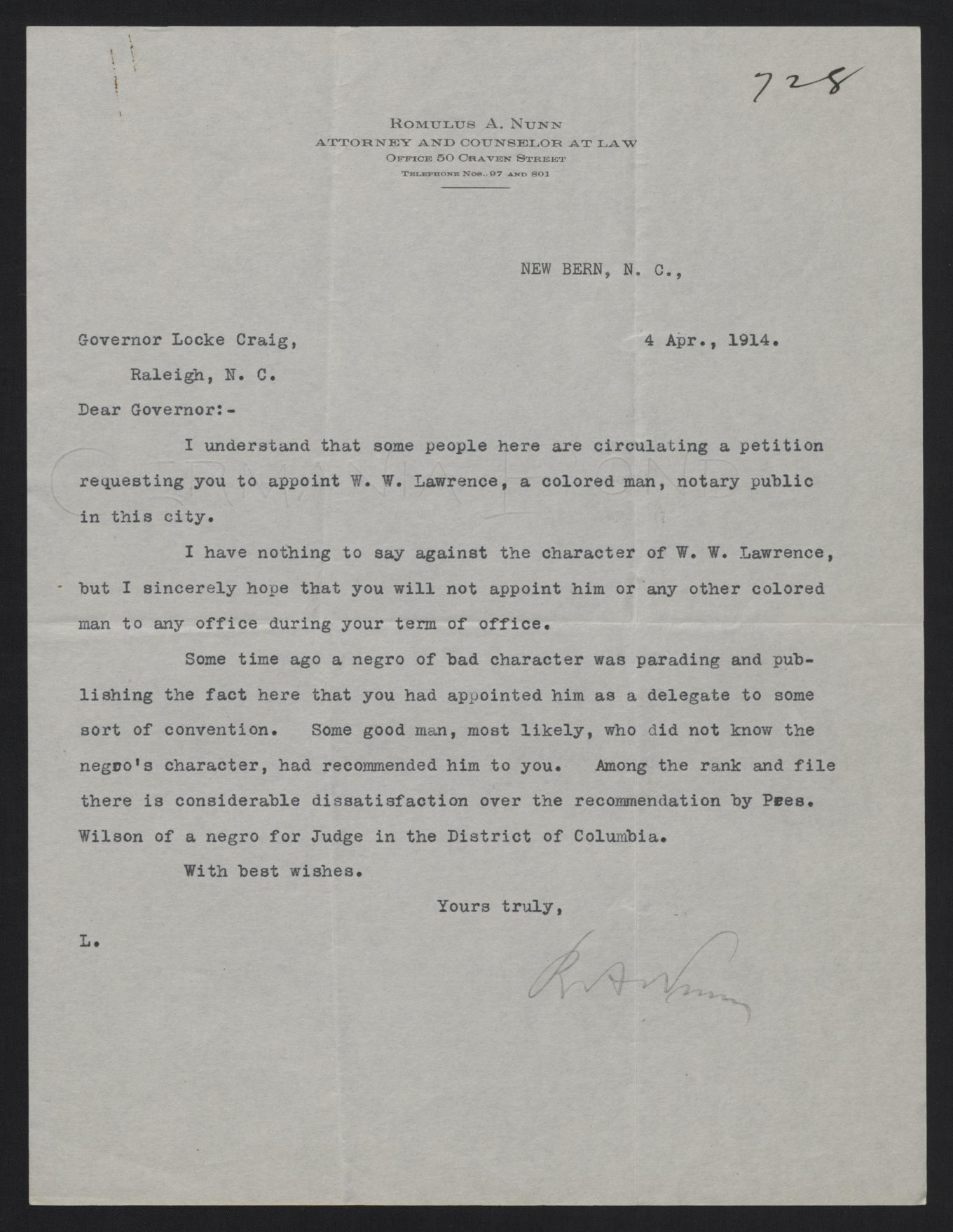 Letter from Nunn to Craig, April 4, 1914