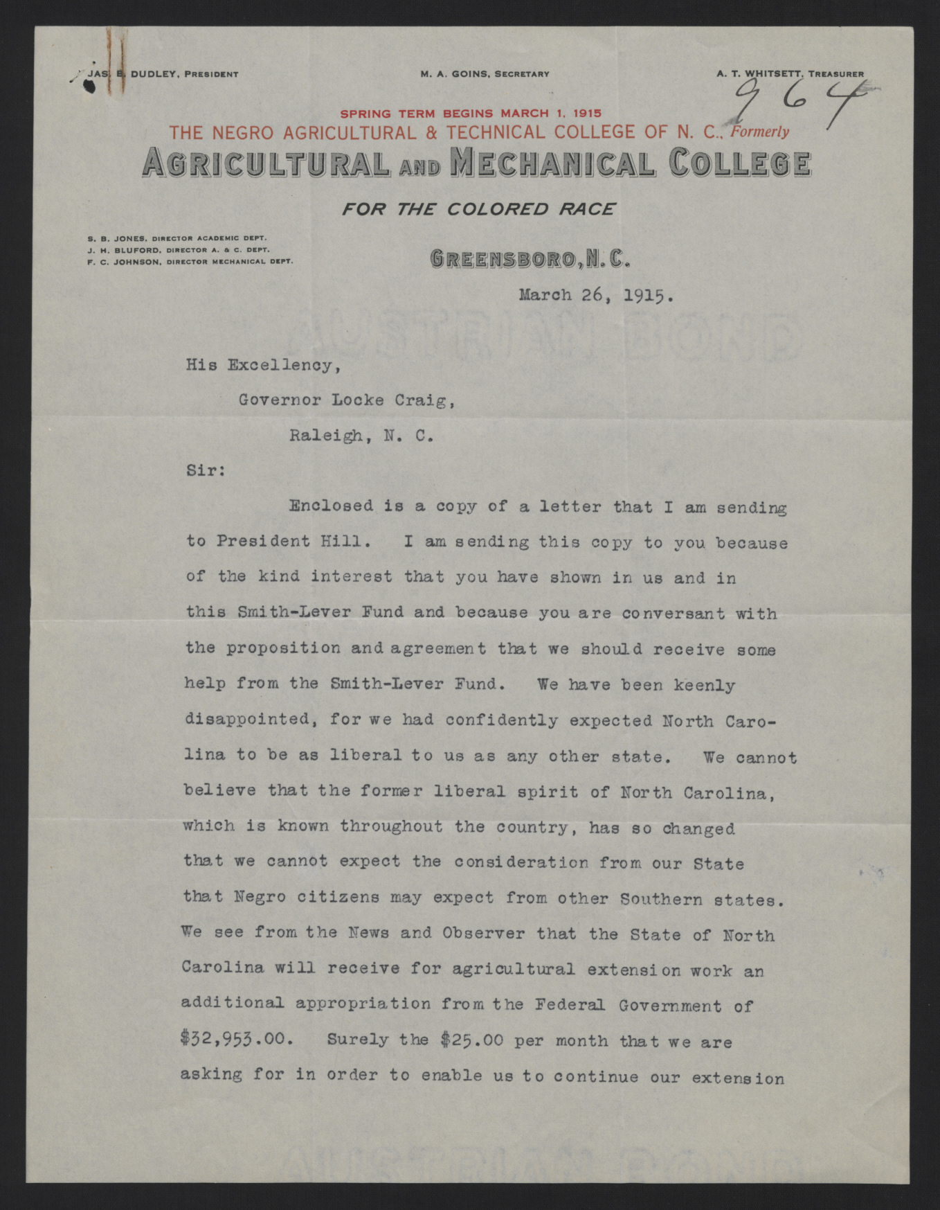 Letter from Dudley to Craig, March 26, 1915