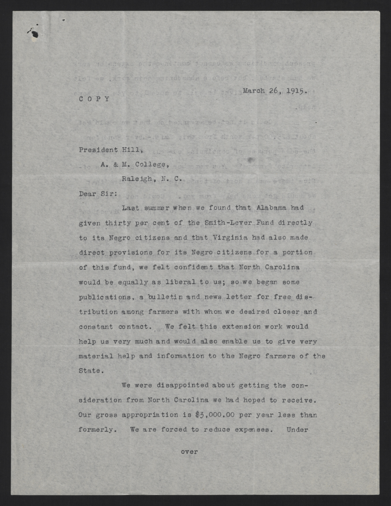 Letter from Dudley to Hill, March 26, 1915, page 1