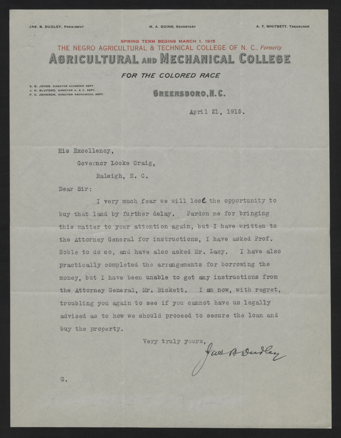 Letter from Dudley to Craig, April 21, 1915