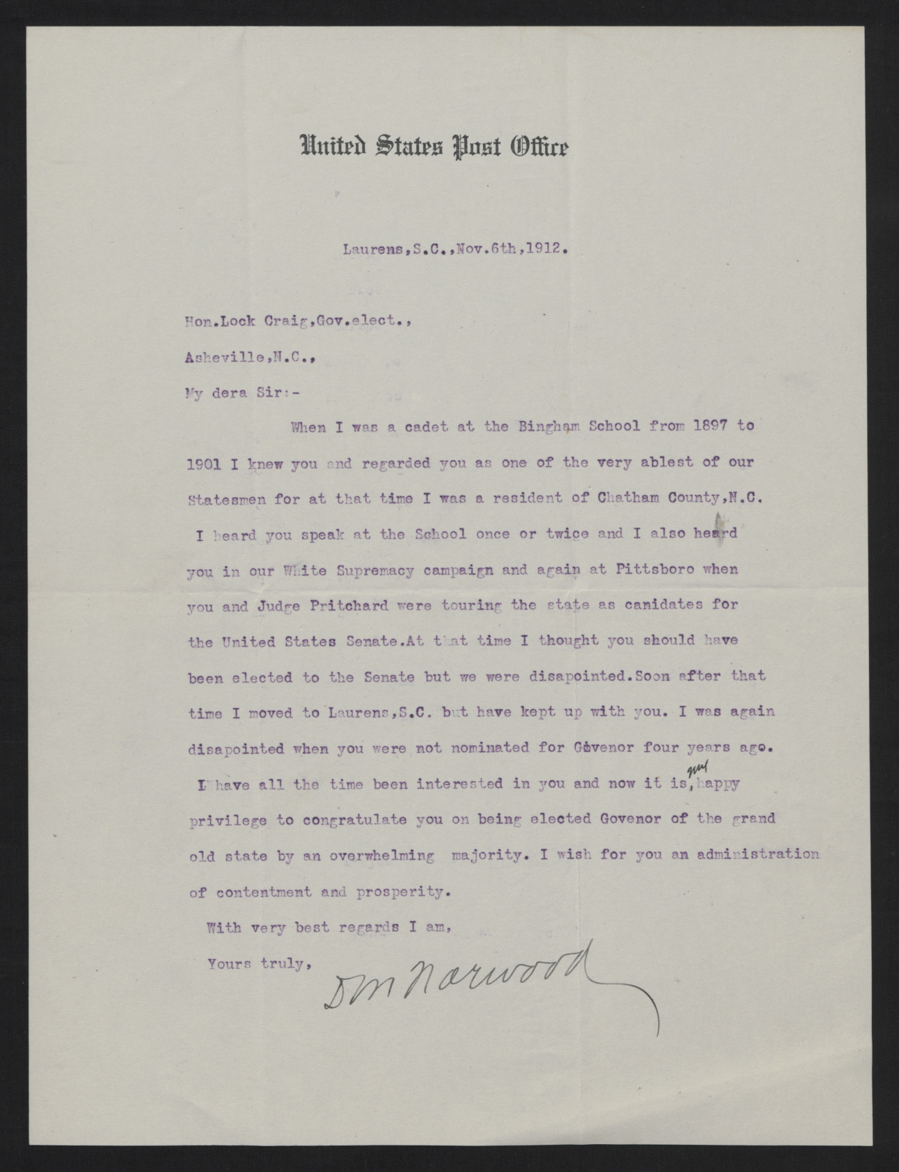 Letter from Norwood to Craig, November 6, 1912