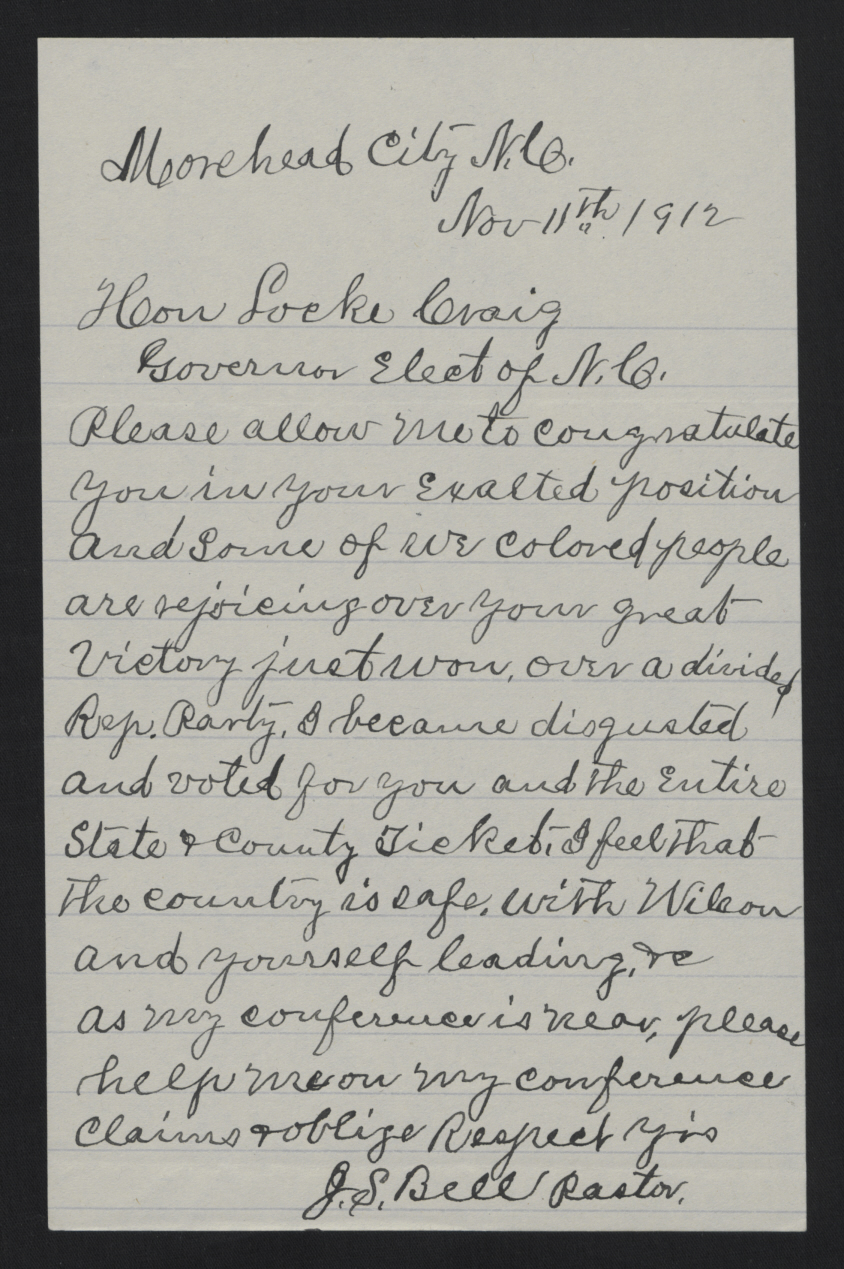 Letter from Jacob S. Bell to Locke Craig, 11 November 1912