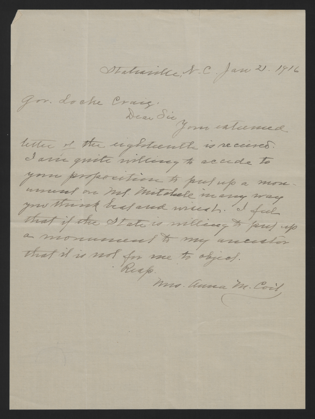 Letter from Coit to Craig, January 21, 1916